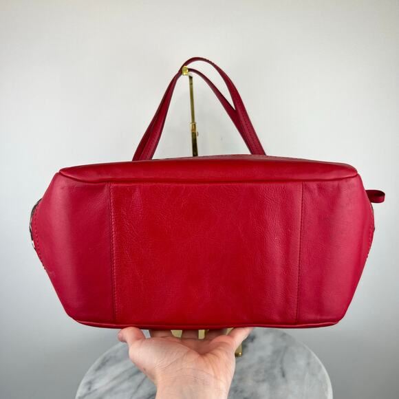 COACH Leopard Print Canvas Red Leather Tote Shoulder Purse Bag Authentic - Picture 7 of 16